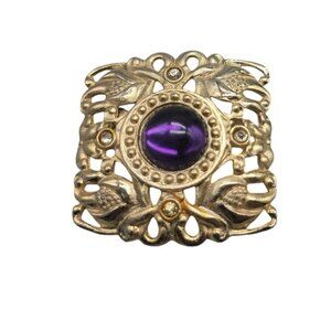 Art Nouveau Brooch Gold Plated Large Purple Small Clear Rhinestones
